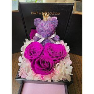 Luxury Black Gift Box With Purple Teddy Bear Preserved Roses & Decorative Flower